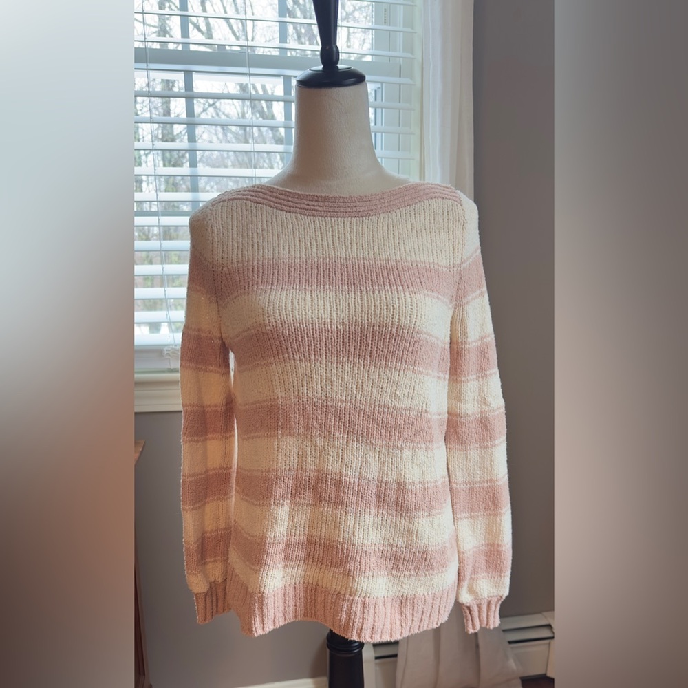 LOFT Pink and Cream Striped Boat-Neck Sweater